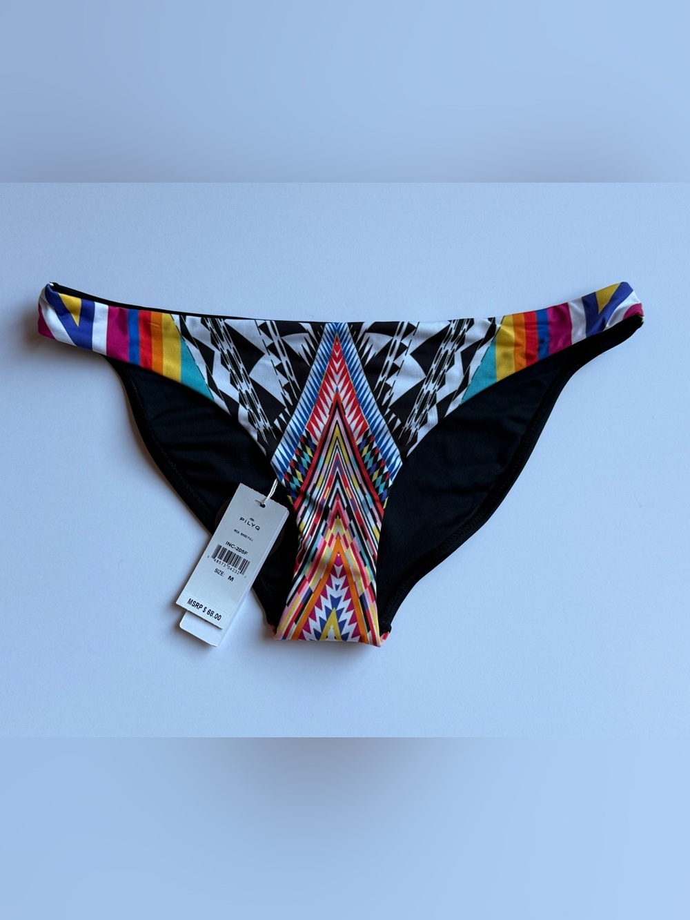 Pilyq Black Bikini Bottom with Multicolor Chevron Print Medium Med M NWT $68